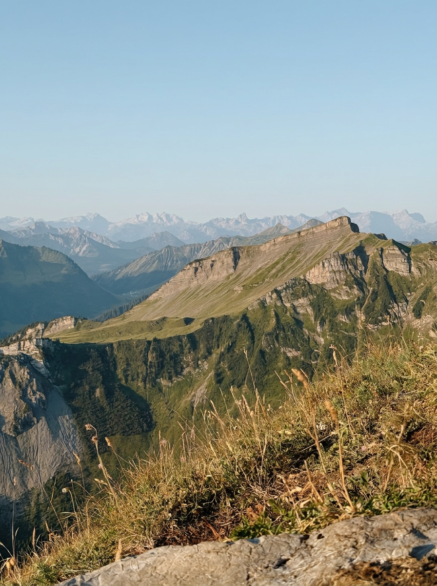 Weites Bergpanorama mit blauem Himmel und weiter Bergkette