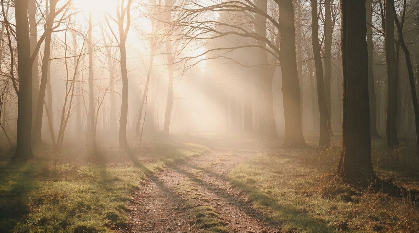 Waldweg im warmen Morgenlicht
